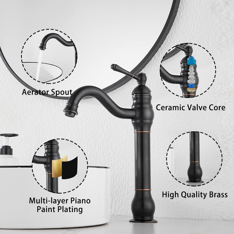 GGStudy 360Â° Swivel Single Handle One Hole Bathroom Vessel Sink Faucet Matching Pop Up Drain Without Overflow Oil Rubbed Bronze - Image 5
